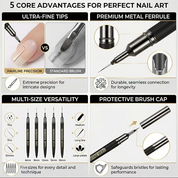 DAIXIANGER 5Pcs Nail Art Brushes, Wooden Liner Brush Set with Storage Tube, UV Gel Polish Painting Tool for Long Lines, Thin Details, Fine Drawing, Sizes 6/8/12/15/18mm-Natural