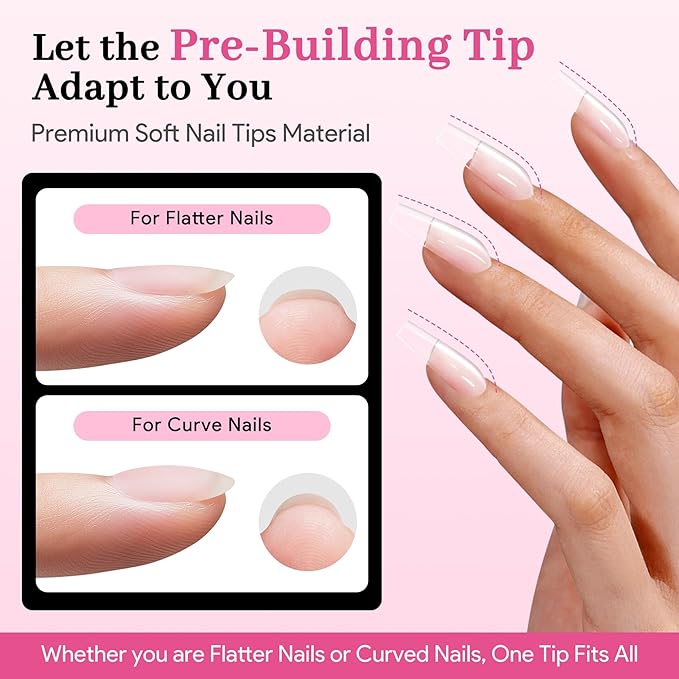 Qiek Medium Square Pre-Building Nail Tips, 15 Sizes 240 PCS Pre-shaped Apex Clear Soft Press On Fake Nail Half Matte Gel Nail Extensions Strong Thick Acrylic Tip for DIY Beginners & Salon Manicure