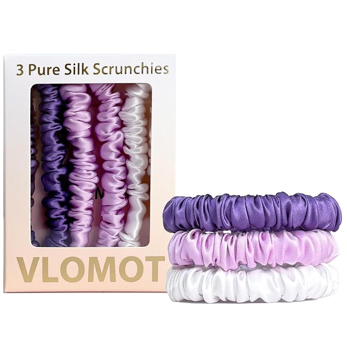 VLOMOT 3 Pcs Set 100% Pure Mulberry Silk Hair Scrunchies Hair Ties with 3 Chic Colors Everyday Skinny Scrunchies Silk Ponytail Holders Hair Care No Damage (Purple)