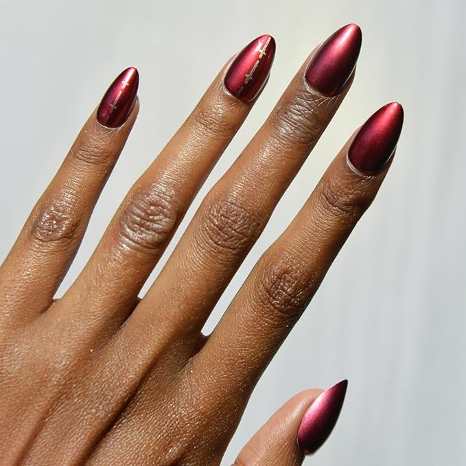 Harry Potter™ x Glamnetic Press On Nails - Gryffindor™ | Scarlet Red Graphic Short Almond Nails in a Chrome Finish | 15 Sizes - 30 Nail Kit with Glue