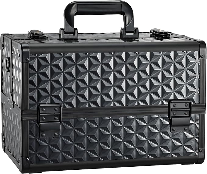 Joligrace Makeup Train Case Professional Cosmetic Organizer Aluminum Storage Box with 4 Adjustable Dividers Trays Lockable Portable with Shoulder Strap