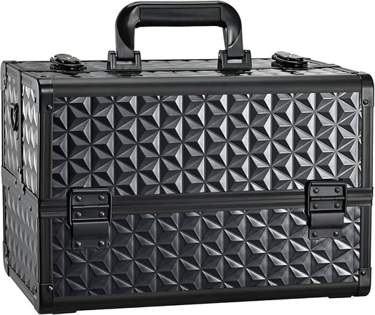 Joligrace Makeup Train Case Professional Cosmetic Organizer Aluminum Storage Box with 4 Adjustable Dividers Trays Lockable Portable with Shoulder Strap