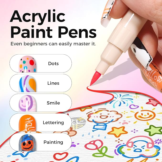 GELLAKTIK 6 Colors Nail Art Pens Set, 3D Nail Polish Pens Quick-Drying Acrylic Paint Markers, Dotting Liner Brush for DIY Nail Design, Home & Salon Manicure Tools