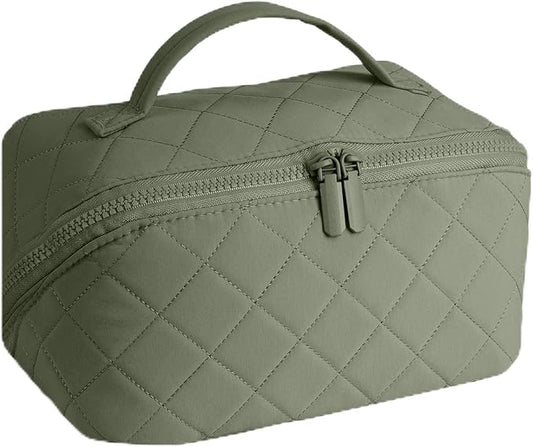 Travel Makeup Bag for Women - Puffy Padded Make Up Bags, Lay-Flat Water-Resistant Cosmetic Case, Large Capacity Cosmetic Bag for Travel Storage of Toiletries and Makeup Brushes (Green)
