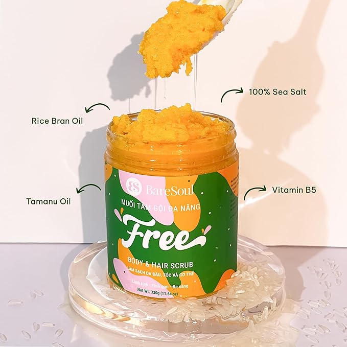 BareSoul FREE Body & Hair Scrub 11.6 Oz | 330g - Natural Exfoliating Scalp Scrub and Body Scrub for Deep Cleansing, Gentle Exfoliation, and Nourishment with Sea Salt and Essential Oils
