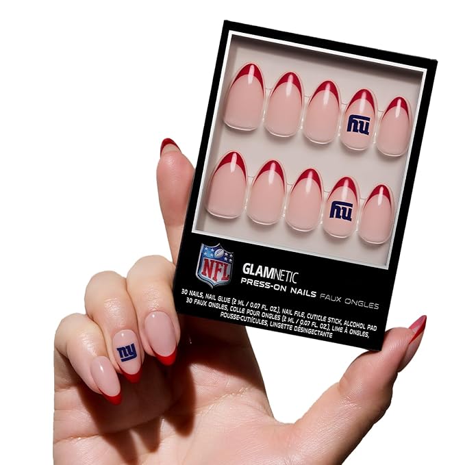 Glamnetic x Fanatics Press On Nails - New York Giants | Short Almond Fake Nails, NFL Giants Red French Tips, Football Nails, Salon-Quality | 15 Sizes - 30 Nail Kit with Glue