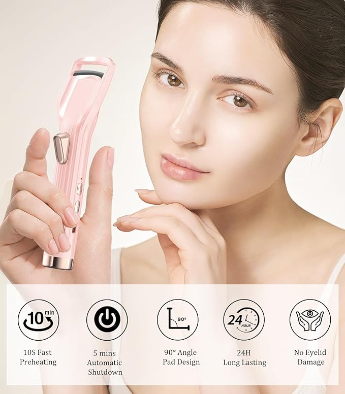 Heated Eyelash Curler Premium PRO - Fast Heat up in 8s - 24 Hours Long Lasting - Rechargeable Electric Eyelash Curler with Type-C, Innovative L Silicone, 2 Heat Modes, Anti-Burn Eyelid, Pink-FA