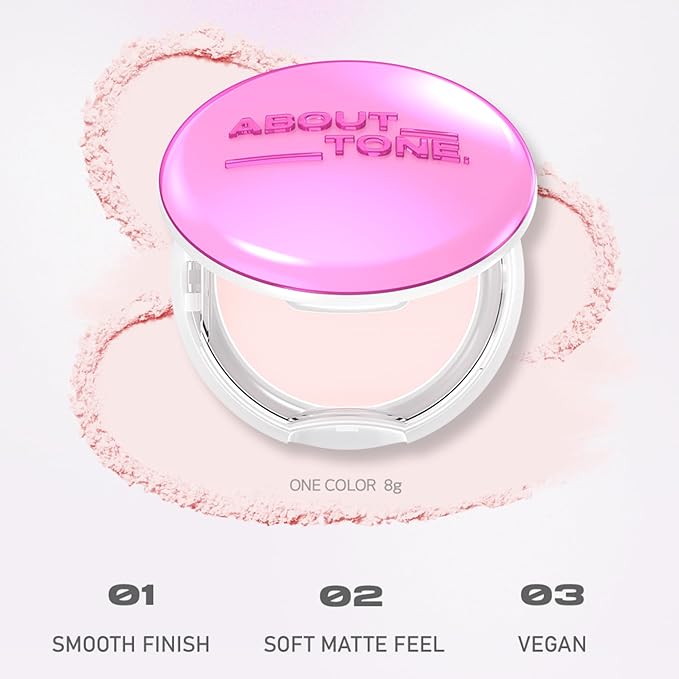 ABOUT TONE Glow Powder Pact 0.28oz - Shining Tone-Up Pressed Powder Compact with Mirror and Puff Natural Peach Pearl Shimmery Blur Finish Face Makeup Setting Finishing Transparent Sebum Control Vegan