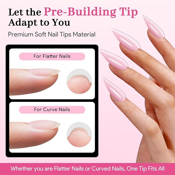 Qiek Medium Almond Pre-Building Nail Tips, 15 Sizes 240 PCS Pre-shaped Apex Pink Soft Press On Fake Nail Half Matte Gel Nail Extensions Strong Thick Acrylic Tip for DIY Beginners & Salon Manicure