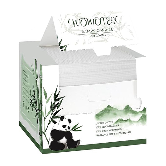 WOWOTEX Bamboo Viscose Disposable Face Towel Biodegradable Large Dry Face Wipes 60 Count Extra Thick Soft Clean Facial Towels for Sensitive Skin, Makeup Removing, Facial Cleansing, Nursing, Travel