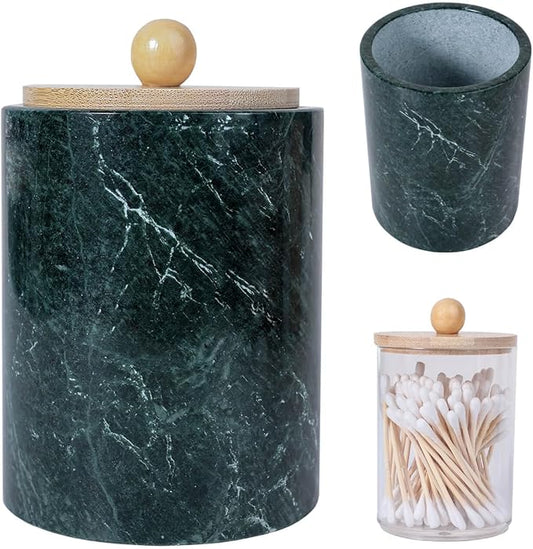 Travertine Marble Qtip Holder Dispenser with Bamboo Lid & Clear Plastic Inner Jar - Bathroom Vanity Organizer for Cotton Swab, Ball, Makeup Pads, Floss - Storage Container (India Green Marble)
