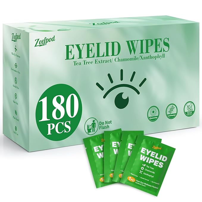 180PCS Tea Tree Oil Eyelid Wipes – Individually Wrapped Eye Lid Cleaning Wipes，Soothing For Sensitive Eyes, Stay Hydrated Lid Wipe