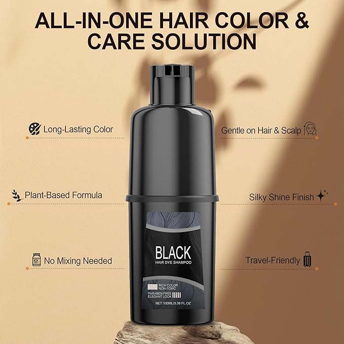 Black Hair Dye Shampoo - Herbal Color EnhancingShampoo for Deep, Rich Black Hair with Natural Botanicals and Shine