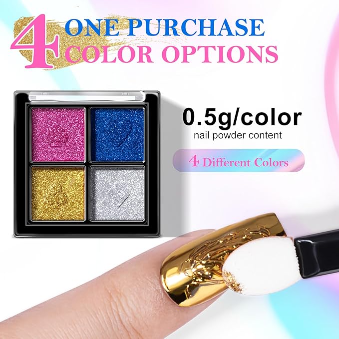 NXJ INFILILA Gold Silver Chrome Nail Powder, 4 Classic Colors Mirror Effect - Gold, Silver, Pink, Blue, Metallic Magnetic Glitter Polish Powder Pallete for Gel Nails, DIY Manicure Art Supplies Kit