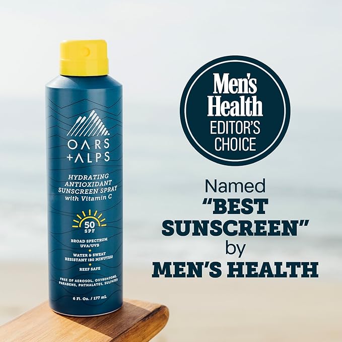 Oars + Alps Sunscreen Spray for Face & Body Spray Sunscreen Infused with Vitamin C & Antioxidants, No White Residue, Water & Sweat Resistant, All Skin Types, Lightweight, Hydrating, SPF 50, 6 Oz, 2pk