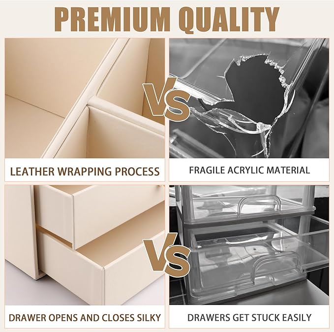 Homeanda Makeup Organizer with Drawers, PU Leather Cosmetic Storage Box Large Cosmetic Display Case for Skincare, Lipstick, Brushes, Bedroom Storage(Beige)