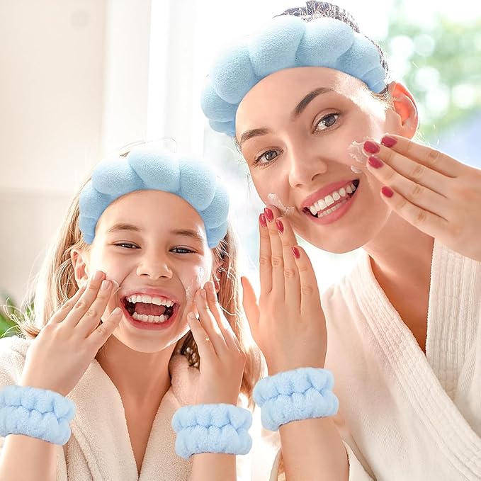 Spa Headband for Washing Face Wristband Set Sponge Makeup Skin Care Terry Cloth Bubble Soft Get Ready Hairband Women Girls Puffy Padded Headwear Non Slip Thick Hair Accessory (Blue)
