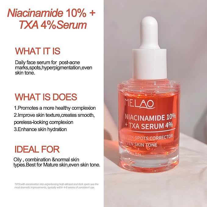TXA 4% Serum+Niacinamide 10% with Arbutin, Ceramides, Tranexamic Acid Facial Serum, Korean Glass Skin, Refines Skin Texture,Uneven Tone Care 1.Fl.oz/30Ml