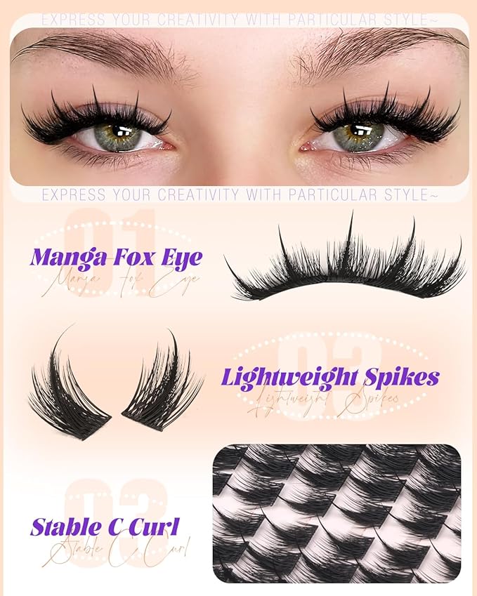 YDAGKH Lash Clusters Spiky Eyelash Clusters Fox Eye Cluster Eyelash Extensions Unique Spikes Individuals Manga Lash Extension 144Pcs DIY Fairy Anime Cluster Eyelashes Volume Cat Eye Lashes Long
