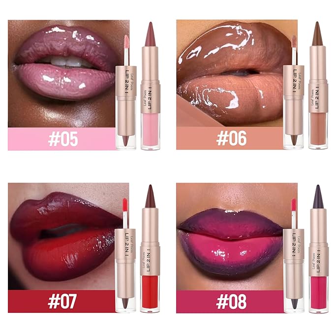 BAISEN DIARY 2-in-1 Double-Ended Matte Lip Liner & Lip Gloss Duo, Plum Berry Ombre Lip Combo Pencil, Lip Liner and Lipstick Gloss Set for Defined & Fuller Looking Lips (#08 Plum Berry Ombre)