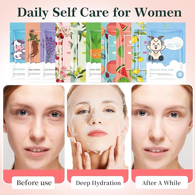 10 Pack Sheet Face Masks Skincare for All Skin Types, Hydrating Face Masks Suitable for Sensitive Skin, Sheet Masks with Natural Ingredients Bulk Facial Masks for Women Skin Care, Face Mask for Spa