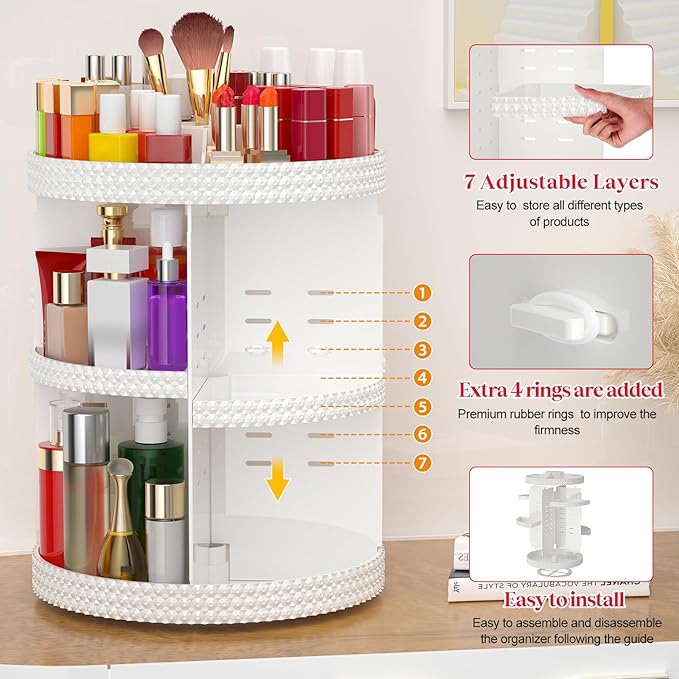 Awenia Makeup Organizer 360-Degree Rotating, Adjustable Makeup Storage, 7 Layers Large Capacity Cosmetic Storage Unit, Fits Different Types of Cosmetics and Accessories, Plus Size(White)