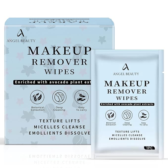 Angel Beauty Makeup Remover Wipes – 30 Individually Wrapped Micellar Face Wipes Singles – Daily Gentle Facial Cleanser with Aloe, Avocado & Vitamin C – Alcohol-Free, Paraben-Free, Travel-Friendly