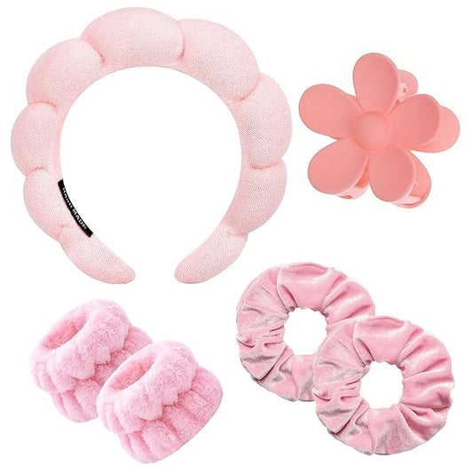 BluOcnMkt 6PCS Skincare Headbands for Women Pink Spa Makeup Headband Set, Large Flower Hair Clip, Velvet Elastic Hair Scrunchies