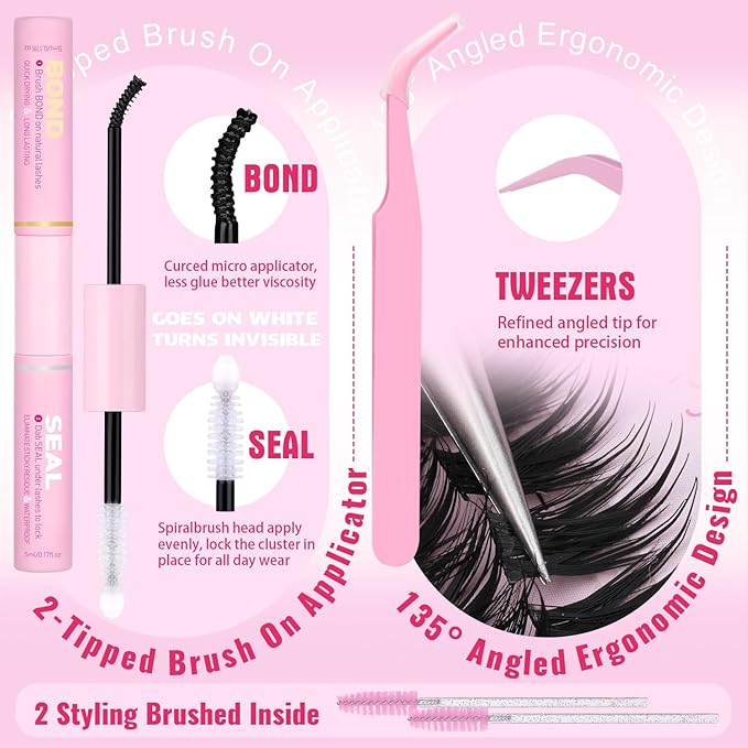 Kiromiro Lash Clusters Kit, 258pcs Lash Clusters with Spikes 12-22mm Top & Bottom Eyelash Clusters Kit with Bond and Seal Fluffy DIY Clusters Lashes Extensions Kit