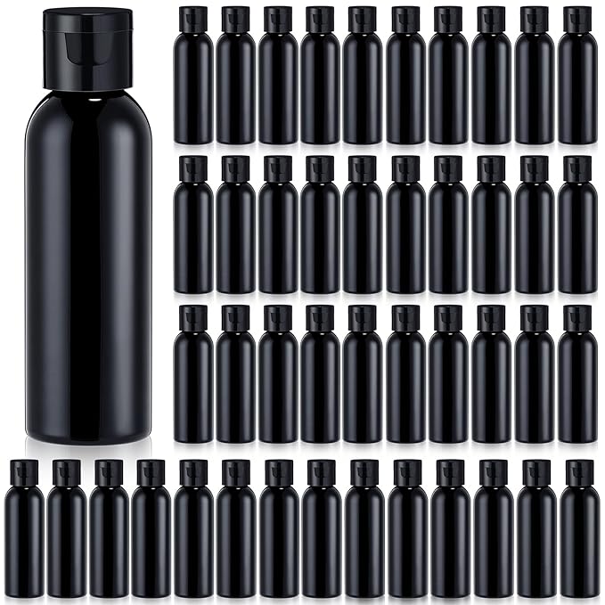 Zhehao 200 Pcs 2 oz Black Plastic Empty Bottles Small Travel Size Bottles with Flip Cap Empty Transparent Dispenser Container for Liquids Toiletries Shampoo Lotion(Black Cap)