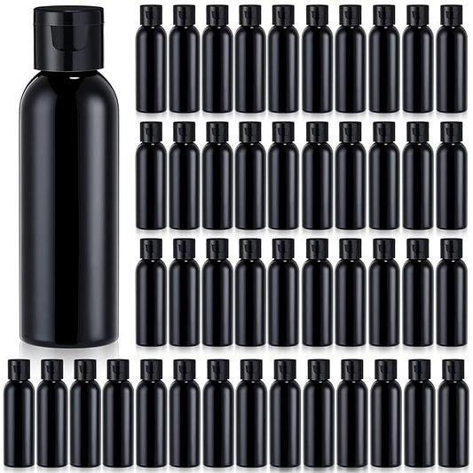 Zhehao 200 Pcs 2 oz Black Plastic Empty Bottles Small Travel Size Bottles with Flip Cap Empty Transparent Dispenser Container for Liquids Toiletries Shampoo Lotion(Black Cap)