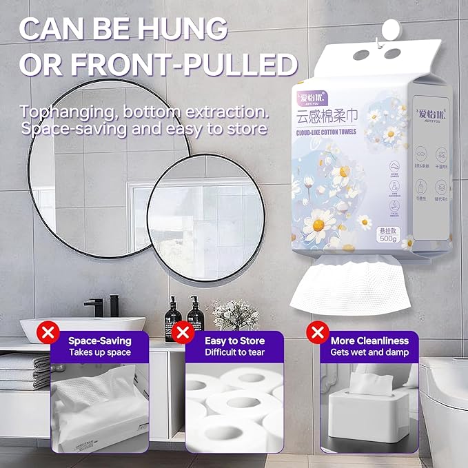 Hanging Disposable Face Towels 140 Count, Wall Mount for Easy Dispensing, Ultra Soft & Lint-Free 8x8 Inch Dry Wipes for Makeup, Sensitive Skin & Daily Skincare