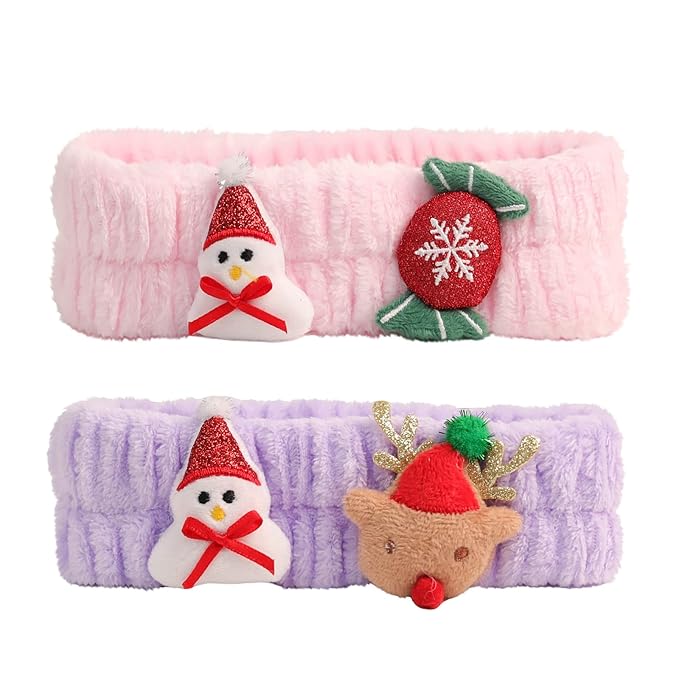 PERFECTSIGHT Kawaii Headband for Spa, Makeup, Washing Face, Party - 2 Pack Cute Christmas Hair Band for Shower Beauty Skincare, Soft Facial Headbands for Girls and Women, Snowman