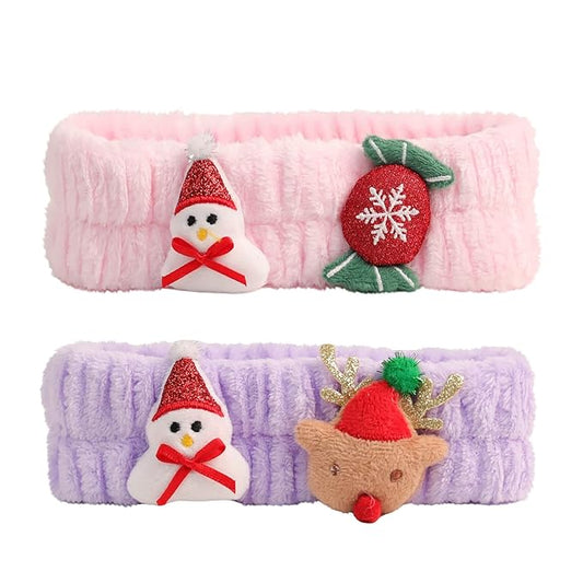 PERFECTSIGHT Kawaii Headband for Spa, Makeup, Washing Face, Party - 2 Pack Cute Christmas Hair Band for Shower Beauty Skincare, Soft Facial Headbands for Girls and Women, Snowman