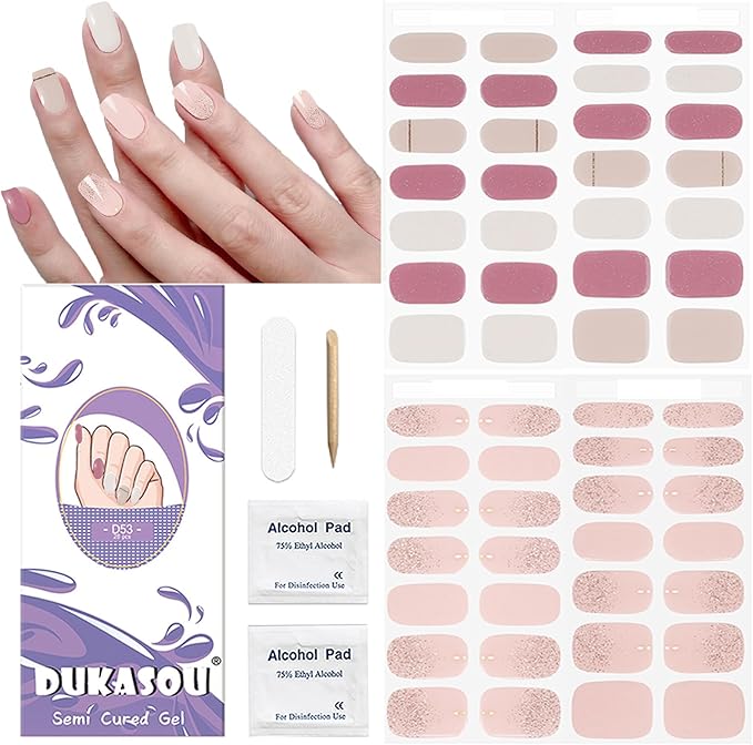 DUKASOU Semi Cured Gel Nail Strips, 56Pcs Nail Art Stickers/Wraps, Long Lasting UV Nail Polish Strips for Adults(Light Pink Glitter)
