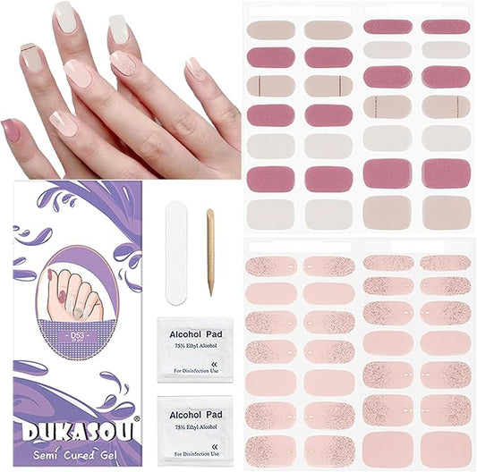 DUKASOU Semi Cured Gel Nail Strips, 56Pcs Nail Art Stickers/Wraps, Long Lasting UV Nail Polish Strips for Adults(Light Pink Glitter)