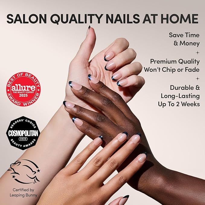 Glamnetic Press On Nails - Onyx Glaze | Short Round Black French Tip Fake Nails, Salon Quality French Manicure | 12 Sizes - 30 Nail Kit with Glue
