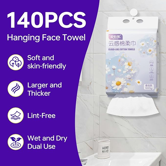 Hanging Disposable Face Towels 140 Count, Wall Mount for Easy Dispensing, Ultra Soft & Lint-Free 8x8 Inch Dry Wipes for Makeup, Sensitive Skin & Daily Skincare