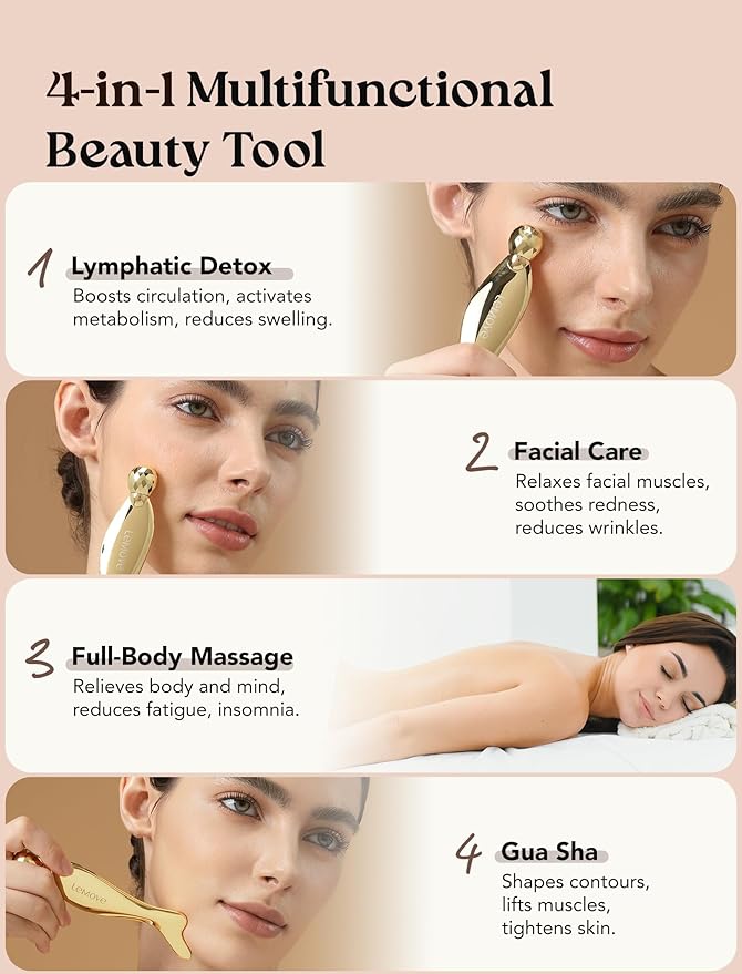 Lemove 4-in-1 Gua Sha Facial Tools, Facial Roller, Skin Care Roller with Stainless Steel, Face Ice Roller to Reduce Puffiness & Eye Strain, Relieved Facial Tension, Gift for Women and Men-Gold