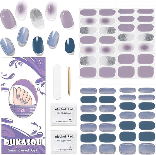 DUKASOU Semi Cured Gel Nail Strips, 56Pcs Nail Art Stickers/Wraps, Long Lasting UV Nail Polish Strips for Adults(Purple Silver Glitter+Light Blue)