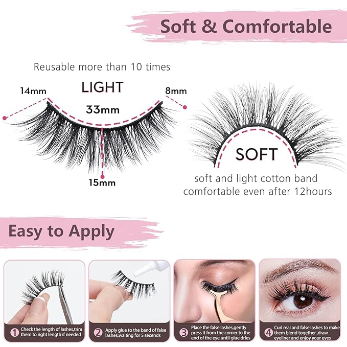 SONAFEEL Eye Lashes Natural Look 3d Mink Natural Eyelashes 15mm 12Pairs Cat Eye Light Reusable False Eyelashes Pack