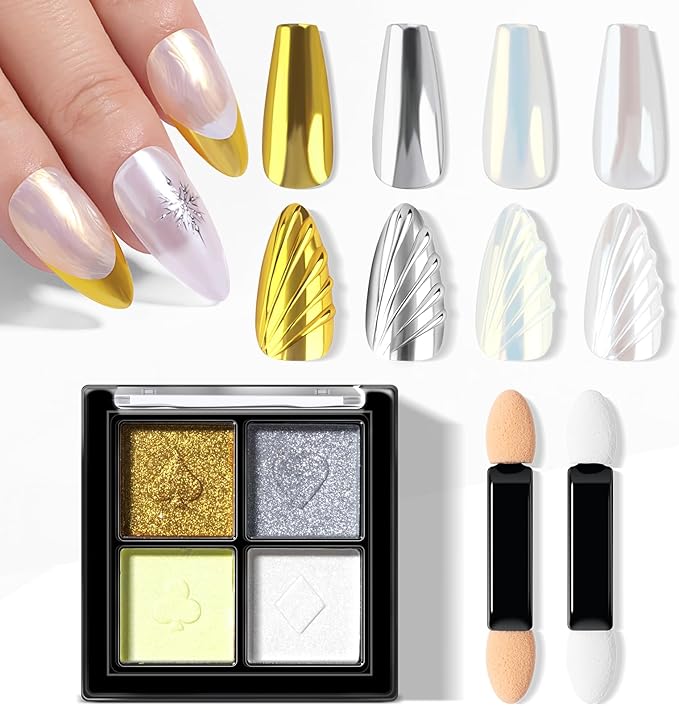 NXJ INFILILA Pearl Chrome Nail Powder Kit, Chrome Pallete for Nails 4 Colors - Gold, Silver, Moonlight White, Iridescent Yellow, Pearl Mermaid Aurora Effect Pigment for Gel Polish, Gift for Women