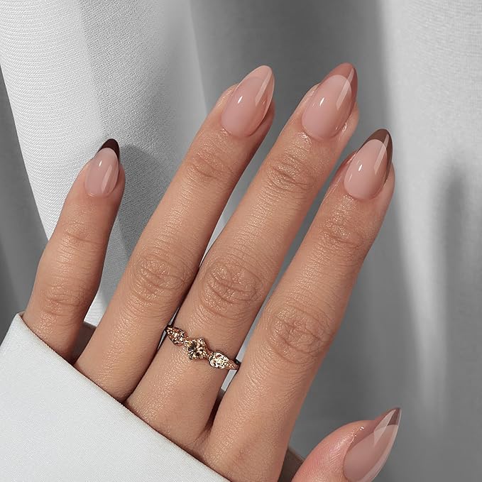BTArtbox French Tip Press On Nails, Short Almond Supremely Fit & Natural Glue On Nails with Nail Glue, Reusable Stick On Nails in 16 Sizes - 32 Soft Gel Fake Nails Kit, Morning Coffee