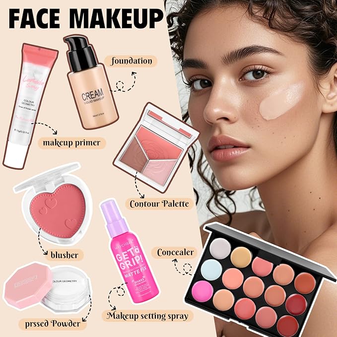 Makeup Set for Women Full Kit Include Eyeshadow Concealer Palette Lip Gloss Lipstick Eye Pencil Makeup Brushes, All In One Makeup Gift Set For Teen Girls and Beginner, Stocking Stuffers for Teen Girls