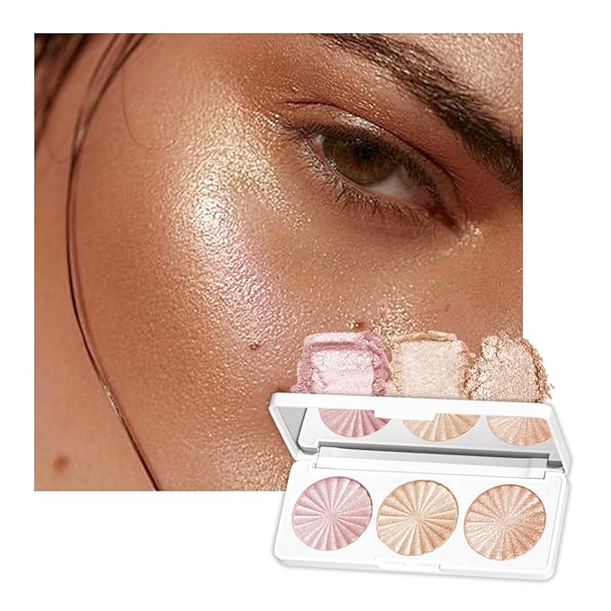 3 Colors Highlighter Makeup Palette, Face Highlight Makeup Contour Powder, Waterproof Long Lasting Glitter Face Illuminator Highlighter for Women, 02 Sunset Radiance Trio