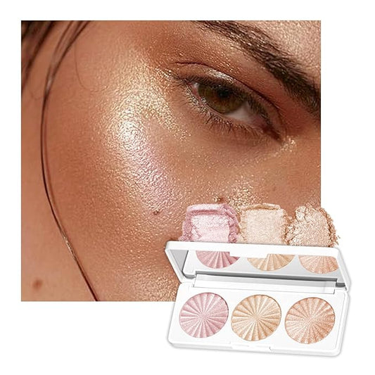 3 Colors Highlighter Makeup Palette, Face Highlight Makeup Contour Powder, Waterproof Long Lasting Glitter Face Illuminator Highlighter for Women, 02 Sunset Radiance Trio