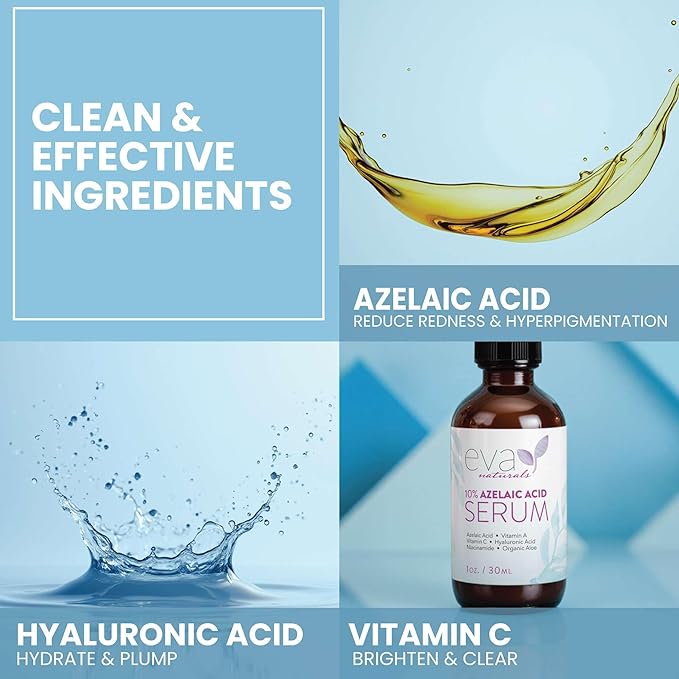 Eva Naturals 10% Azelaic Acid Serum for Face – Niacinamide, Hyaluronic Acid – Redness Relief, Dark Spots, Uneven Skin Tone, Texture, Pores, Topical Booster for Clearer, Smoother Skin, 1oz