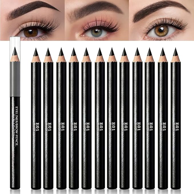 Eyebrow Pencils for Women, 12Pcs Hard-Core Wooden Eye Brow Eye Liner Pencils for Beginner Makeup, Black Coffee Brown Colors, Waterproof & Sweat-Proof (Black-12 Pcs-E01)