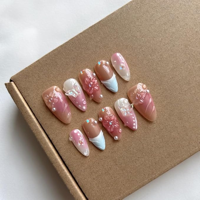 MAGLFELL Press On Nails Medium Almond Nails, Handmade 3D Design Fake Nails with Thick Acrylic Multi-Layer Gel Nails, Reusable Durable DIY Artificial Nails for Women (10 Pieces)