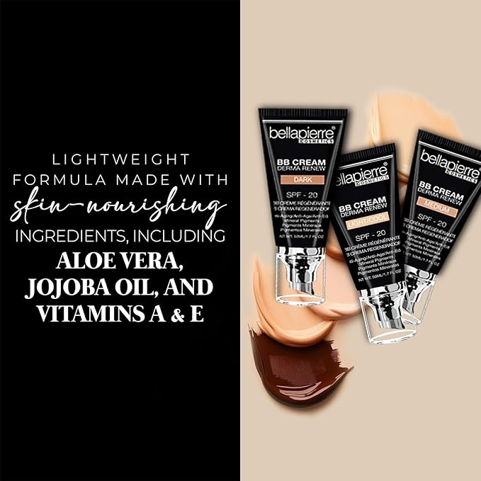 Bellapierre BB Cream SPF 20 – Mineral Sunscreen & Liquid Foundation, Lightweight Face Moisturizer with Buildable Coverage, Matte Finish, Non-Toxic, Paraben-Free, Cruelty-Free – 1.7 oz - Light